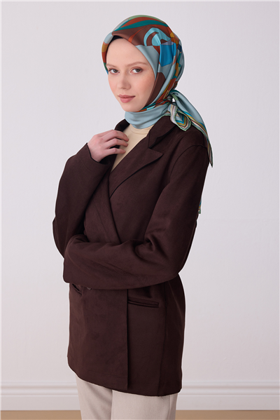 Kahve Çok Renkli Çiçek Desen %100 Twill İpek Eşarp 4303-84