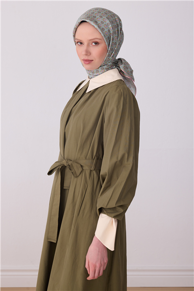 Yeşil Etnik Desen %100 Twill İpek Eşarp 4308-34