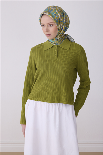 Yeşil Etnik Desen %100 Twill İpek Eşarp 4314-83
