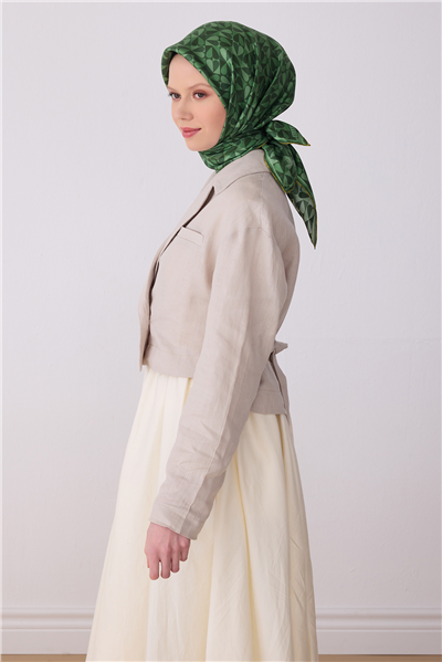 Yeşil Obje Desen %100 Twill İpek Eşarp 4322-01