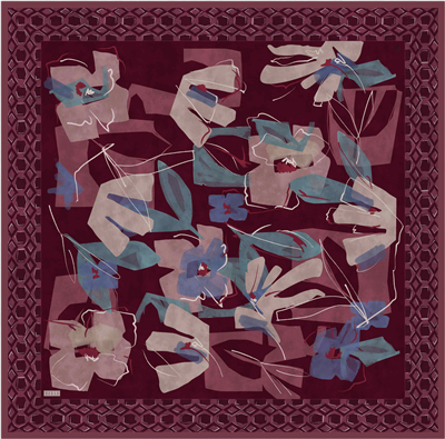 Bordo Çiçek Deseni %100 Twill İpek Eşarp 4426-80