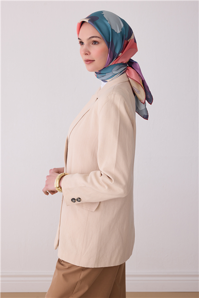 Çok Renkli Çiçek Desen %100 Twill İpek Eşarp 4306-84