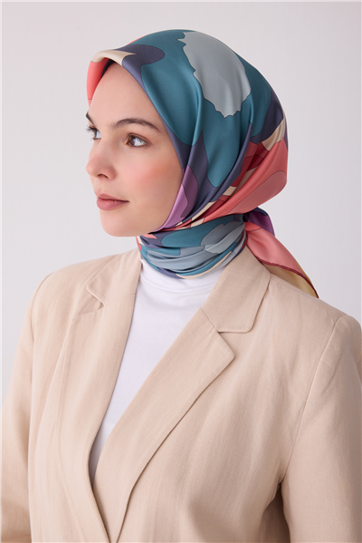 Çok Renkli Çiçek Desen %100 Twill İpek Eşarp 4306-84