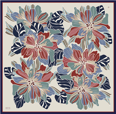 Ekru Çiçek Deseni %100 Twill İpek Eşarp 4413-32
