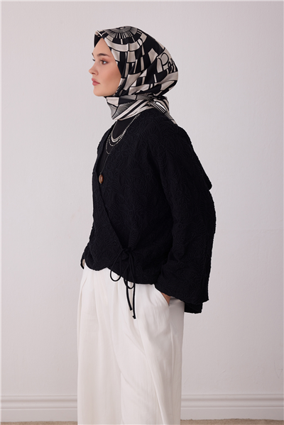 Ekru Geometrik Desen %100 Twill İpek Eşarp 4411-84