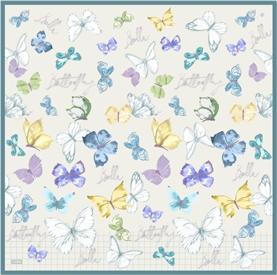 Ekru Mavi Obje Desen %100 Twill İpek Eşarp 4329-51
