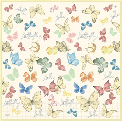 Ekru Yeşil Obje Desen %100 Twill İpek Eşarp 4329-80