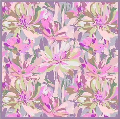 Fuşya Çok Renkli Çiçek Desen %100 Twill İpek Eşarp 4315-35