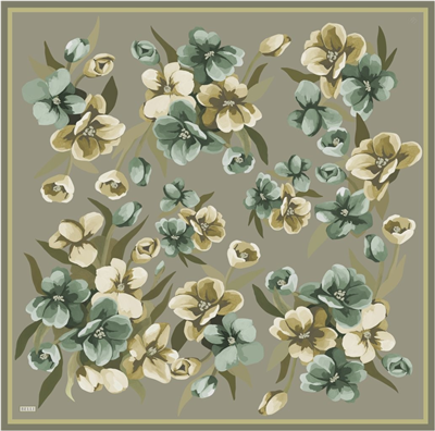 Haki Çiçek Desen %100 Twill İpek Eşarp 4330-81