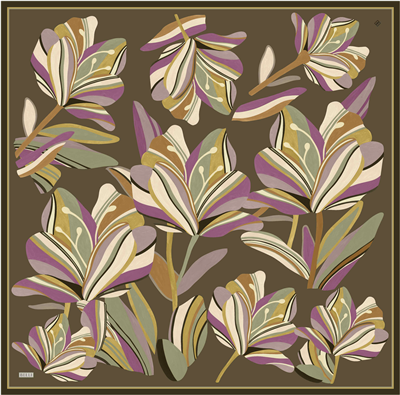 Haki Çiçek Deseni %100 Twill İpek Eşarp 4410-51