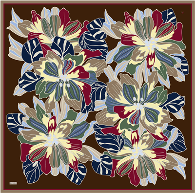 Kahverengi Çiçek Deseni %100 Twill İpek Eşarp 4413-83