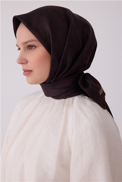 Kahverengi Soyut Desen %100 Twill İpek Eşarp 4428-02