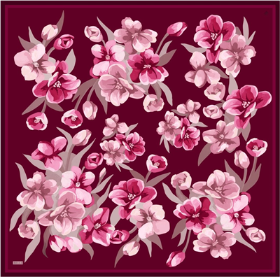 Kırmızı Çiçek Desen %100 Twill İpek Eşarp 4330-04