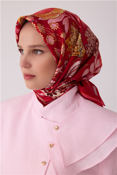 Kırmızı Çiçek Deseni %100 Twill İpek Eşarp 4415-52
