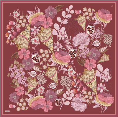Kırmızı Çiçek Deseni %100 Twill İpek Eşarp 4415-52