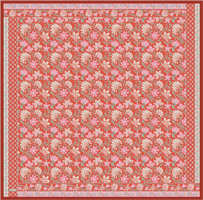 Kırmızı Çok Renkli Etnik Desen %100 Twill İpek Eşarp 4314-09