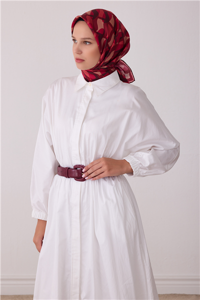 Kırmızı Geometrik Desen %100 Twill İpek Eşarp 4420-81