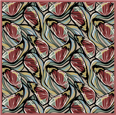Kırmızı Soyut Desen %100 Twill İpek Eşarp 4417-32