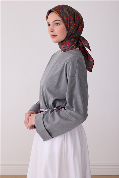 Koyu Gri Çok Renkli Klasik Desen %100 Twill İpek Eşarp 4328-05