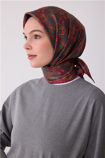 Koyu Gri Çok Renkli Klasik Desen %100 Twill İpek Eşarp 4328-05