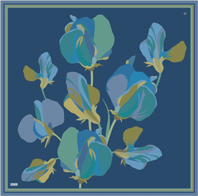 Lacivert Çiçek Desen %100 Twill İpek Eşarp 4303-80