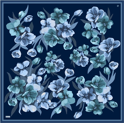 Lacivert Çiçek Desen %100 Twill İpek Eşarp 4330-80