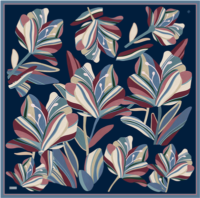 Lacivert Çiçek Deseni %100 Twill İpek Eşarp 4410-83