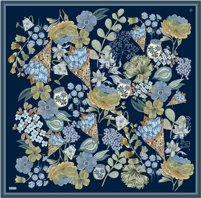 Lacivert Çiçek Deseni %100 Twill İpek Eşarp 4415-07