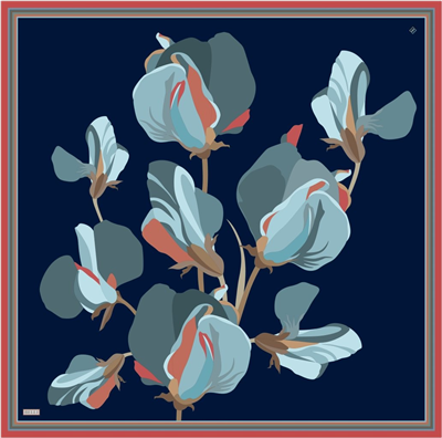 Lacivert Çok Renkli Çiçek Desen %100 Twill İpek Eşarp 4303-51