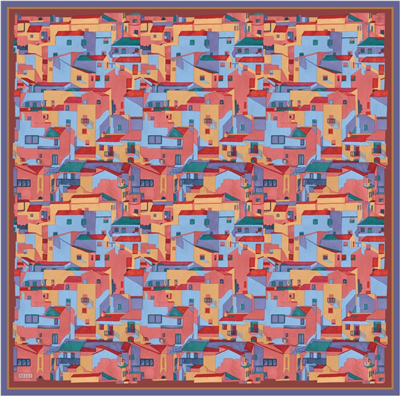 Lacivert Çok Renkli Obje Desen %100 Twill İpek Eşarp 4307-55