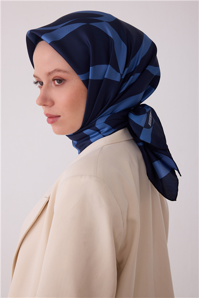 Lacivert Soyut Desen %100 Twill İpek Eşarp 4429-38