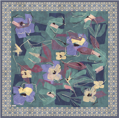 Mavi Çiçek Deseni %100 Twill İpek Eşarp 4426-36