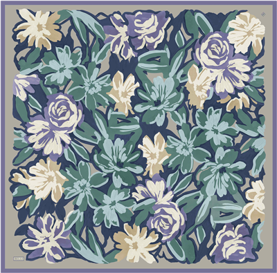 Mavi Çiçek Deseni %100 Twill İpek Eşarp 4416-80