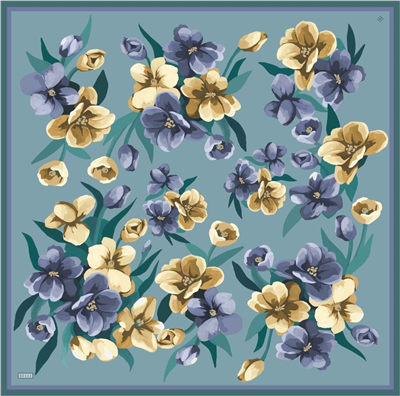 Mavi Çok Renkli Çiçek Desen %100 Twill İpek Eşarp 4330-82