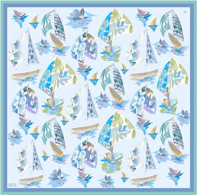 Mavi Obje Desen %100 Twill İpek Eşarp 4316-80