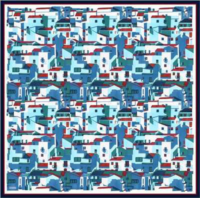 Mavi Obje Desen %100 Twill İpek Eşarp 4307-05