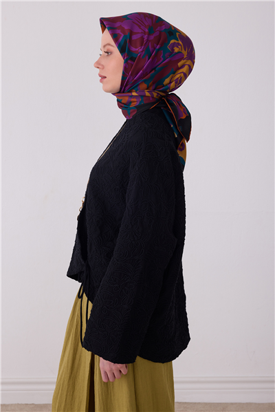 Mor Çiçek Deseni %100 Twill İpek Eşarp 4416-07