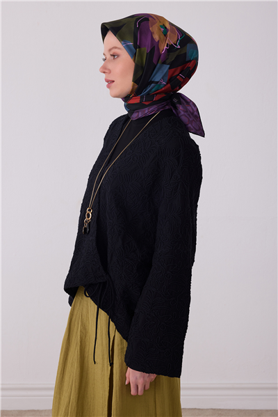 Mor Çiçek Deseni %100 Twill İpek Eşarp 4426-04
