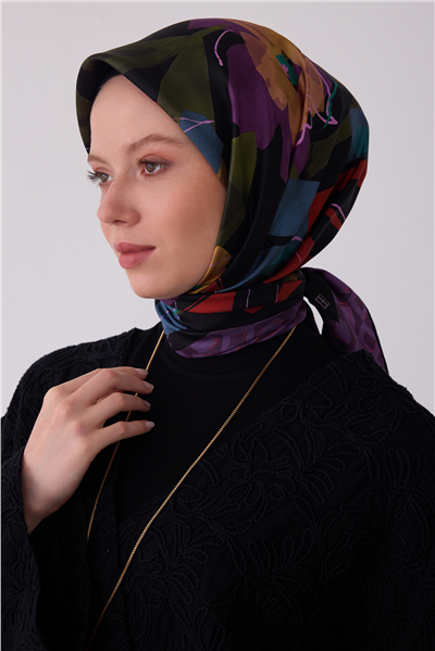 Mor Çiçek Deseni %100 Twill İpek Eşarp 4426-04