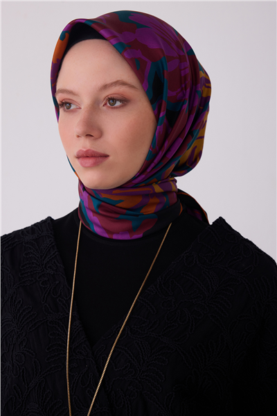 Mor Çiçek Deseni %100 Twill İpek Eşarp 4416-07