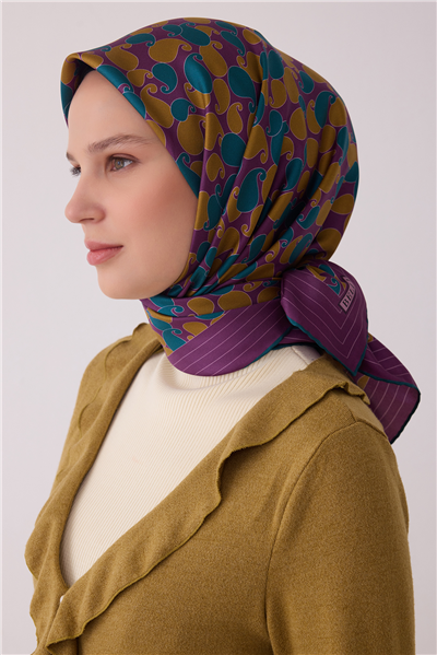 Mor Etnik Desen %100 Twill İpek Eşarp 4422-03