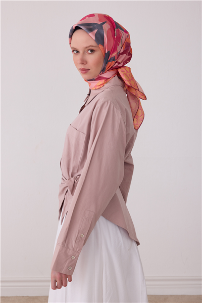 Pembe Çiçek Deseni %100 Twill İpek Eşarp 4426-01