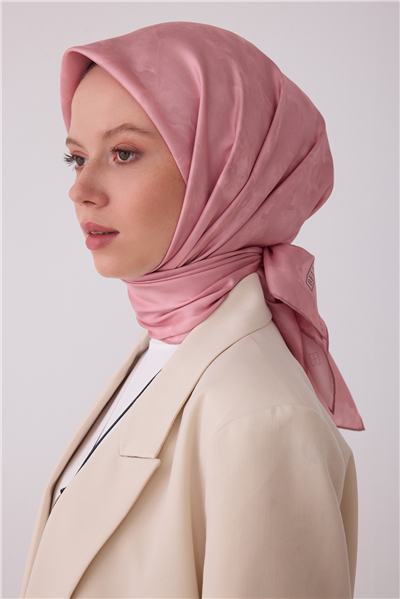 Pembe Soyut Desen %100 Twill İpek Eşarp 4428-01