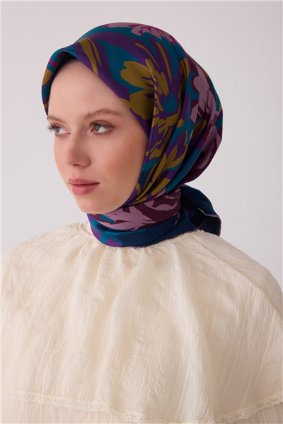 Petrol Çiçek Deseni %100 Twill İpek Eşarp 4416-09