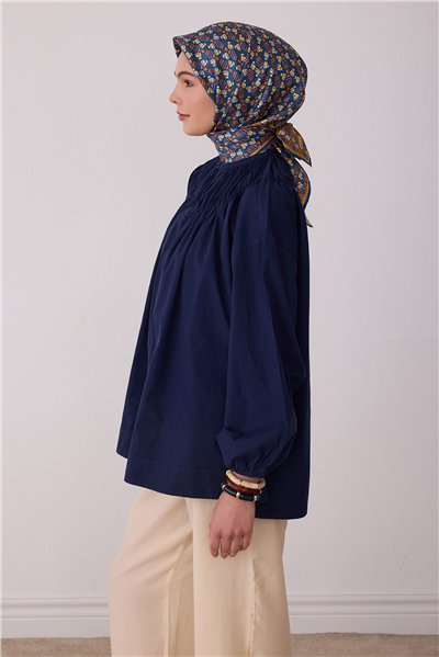 Petrol Geometrik Desen %100 Twill İpek Eşarp 4403-53