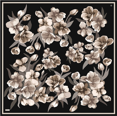 Siyah Çiçek Desen %100 Twill İpek Eşarp 4330-01