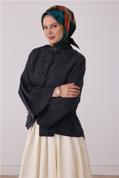 Siyah Çiçek Deseni %100 Twill İpek Eşarp 4426-82