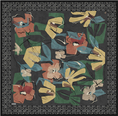 Siyah Çiçek Deseni %100 Twill İpek Eşarp 4426-82