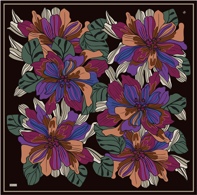 Siyah Çiçek Deseni %100 Twill İpek Eşarp 4413-50