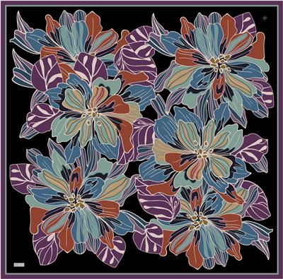 Siyah Çiçek Deseni %100 Twill İpek Eşarp 4413-33